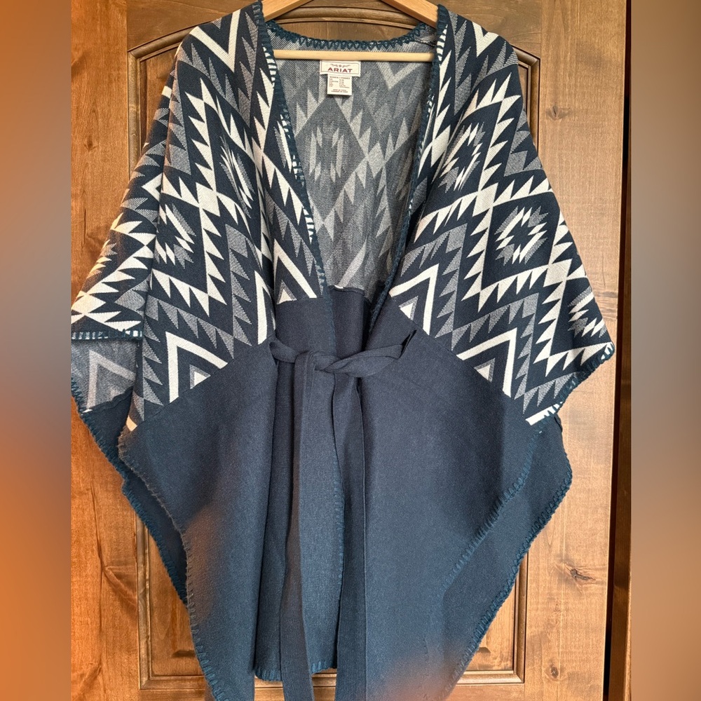 Ariat Blue and White Poncho Sweater with Southwestern Geometric Design